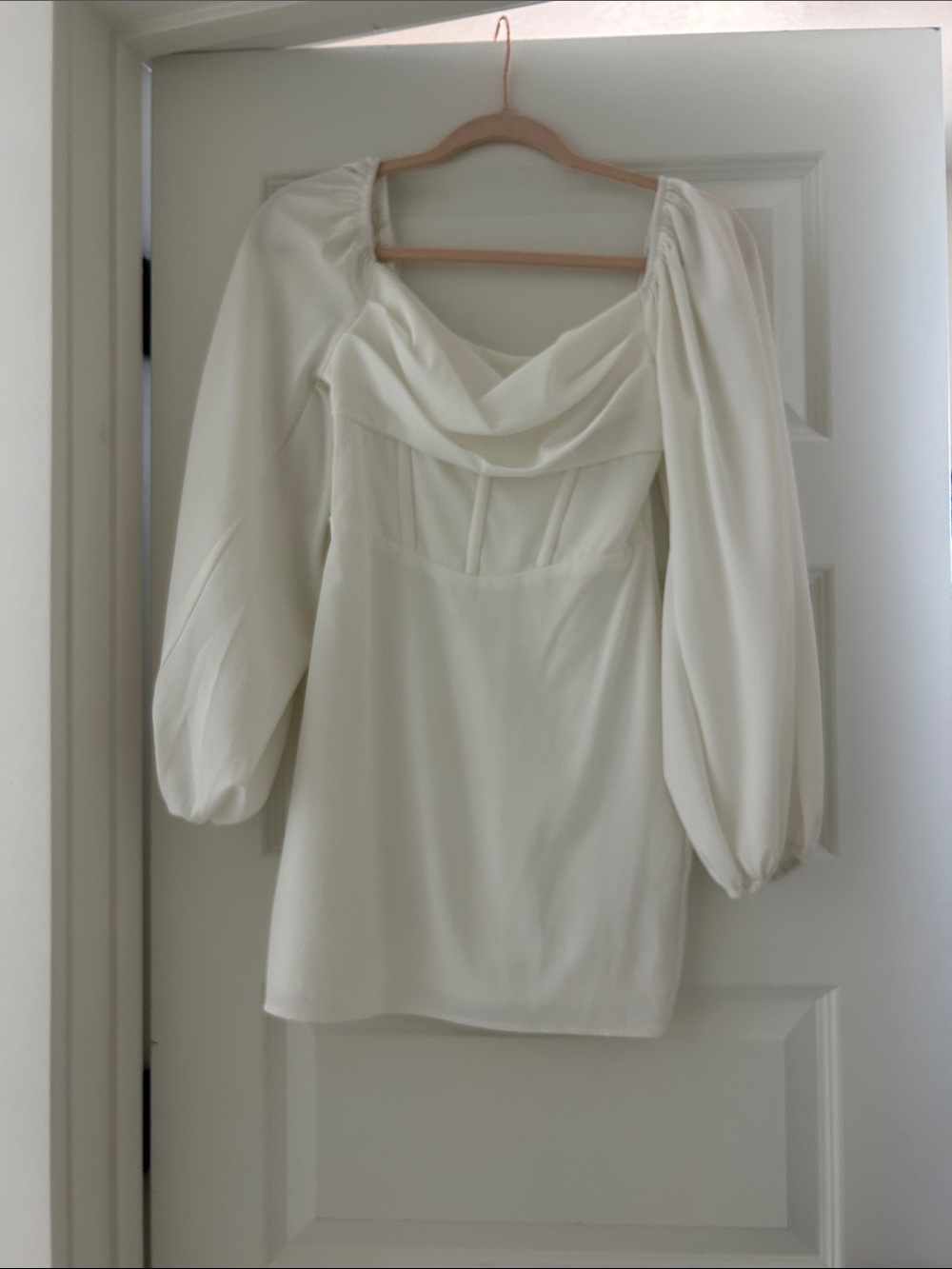 Women's White Draped Neck Puff Sleeve dress